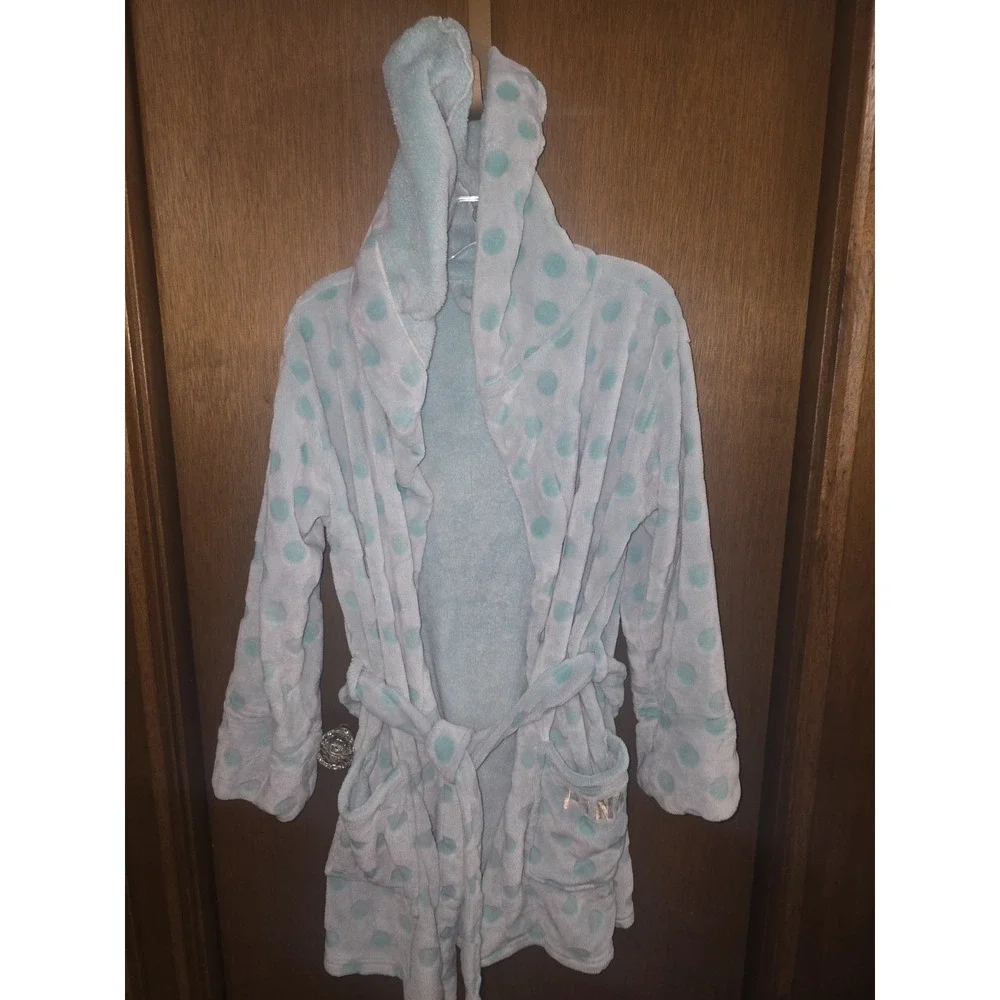 PINK Victoria Secret Green Polka Dot Soft Plush Bath‎ Dressing Robe Women's Sz M